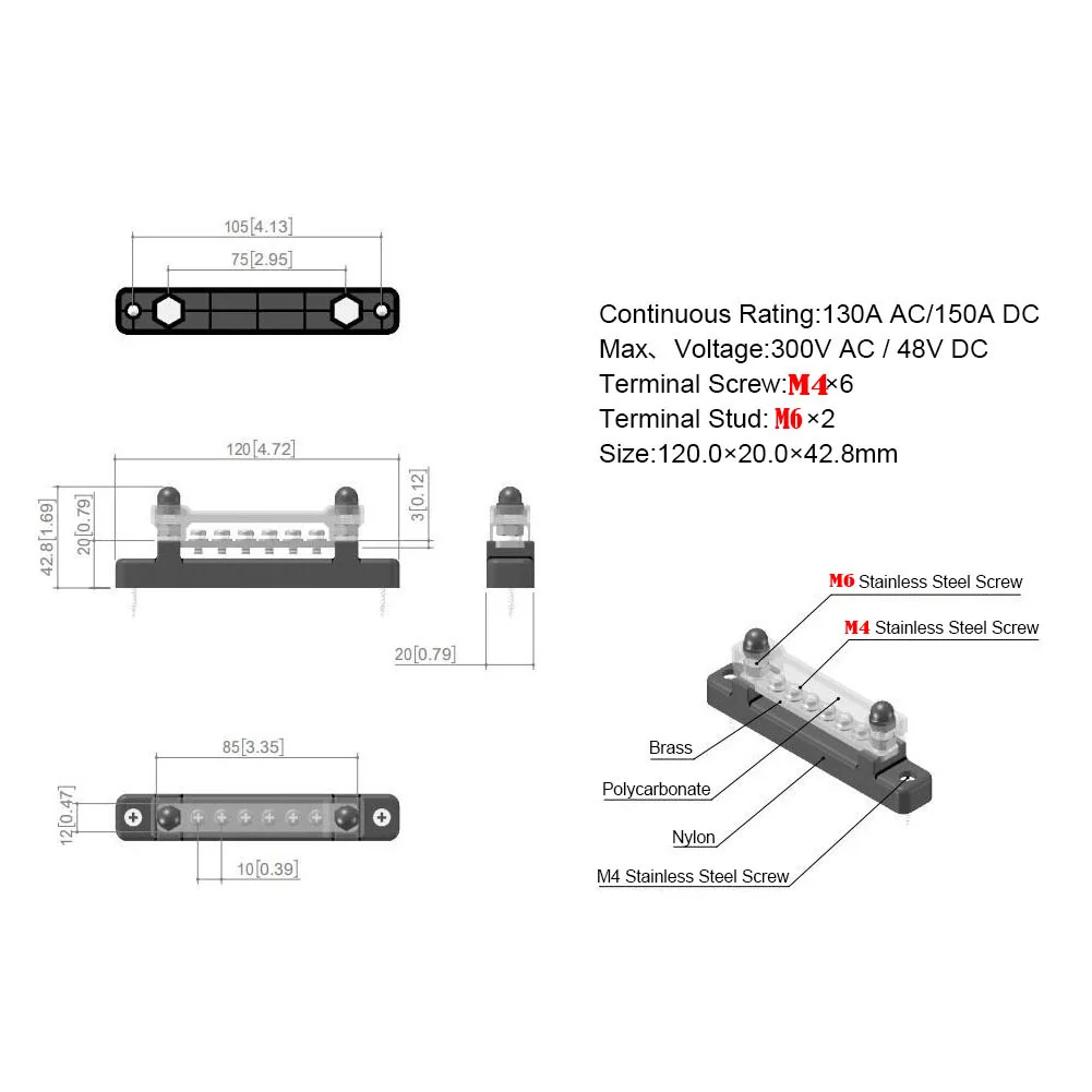 Power Distribution Block CNSPEED Bus Bar Battery 12V M6 Stud Positive Negative Buss Bar for Truck Boat Car Camper