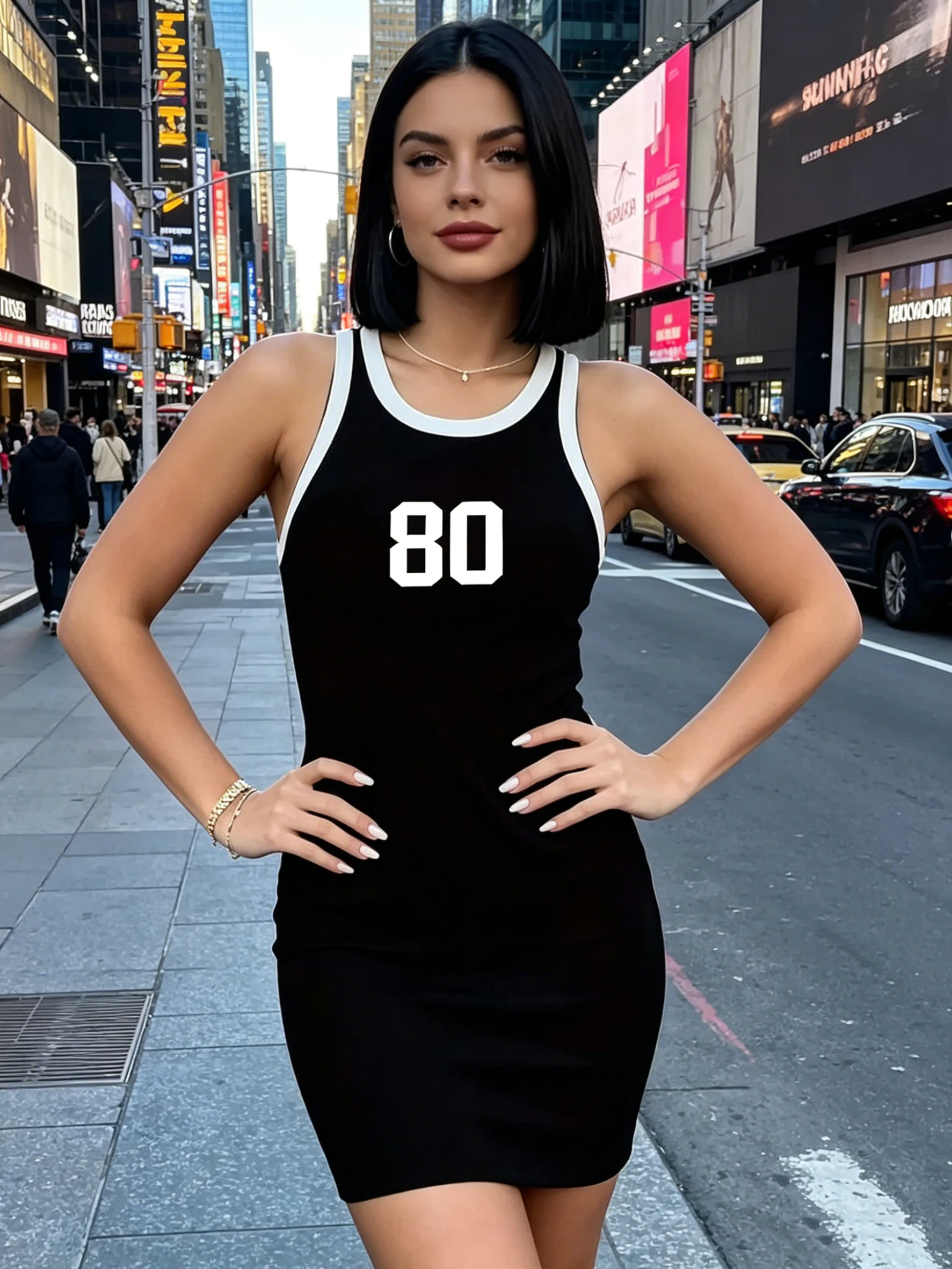 Figurbetontes Mini-Jerseykleid im europäisch-amerikanischen Stil, ärmellos, mit kontrastfarbenen Kanten, hüftbetont, modisch