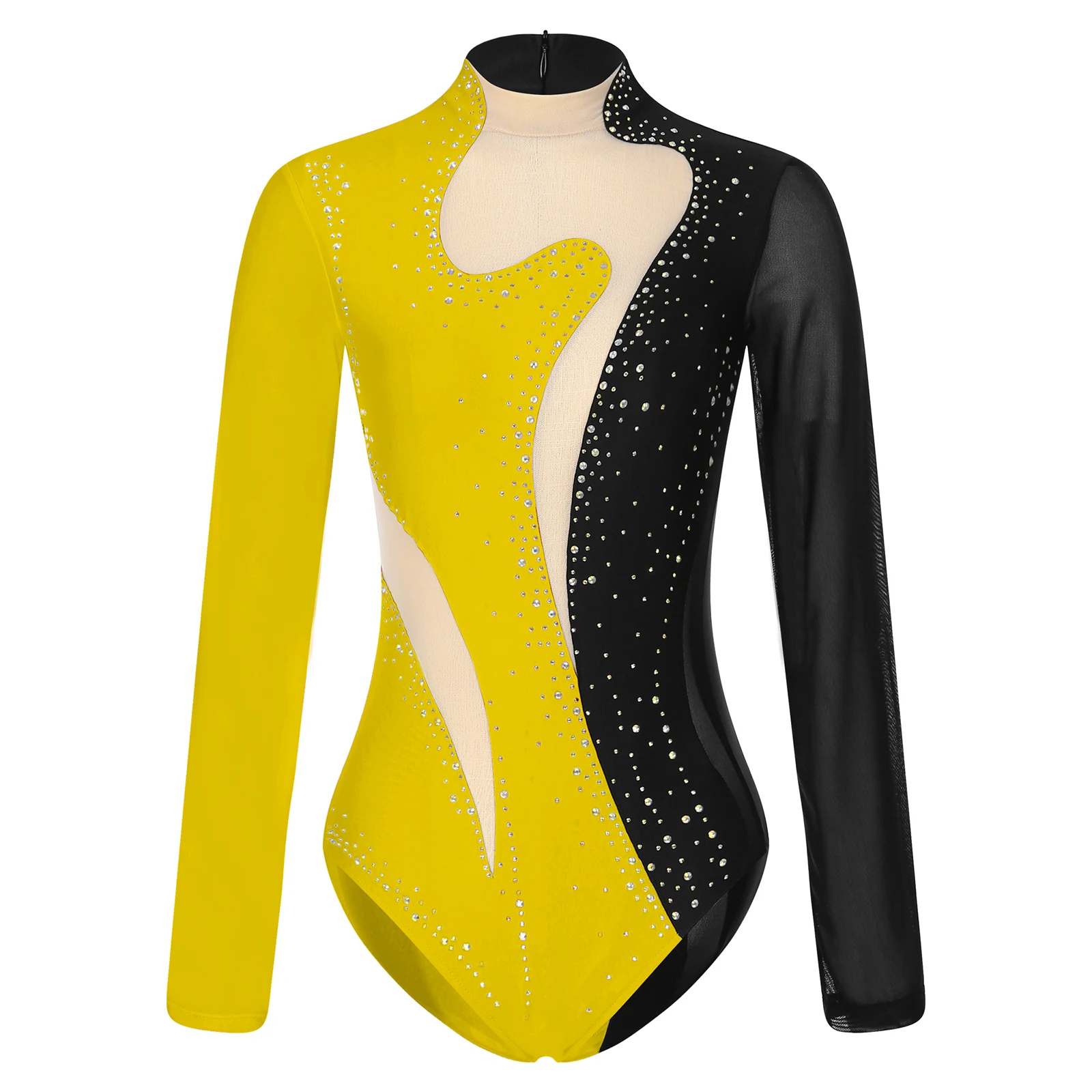 

Women Figure Skating Dance Wear Rhythmic Gymnastics Leotards Ballet Costume Sparkling Rhinestone Sheer Mesh Long Sleeve Bodysuit