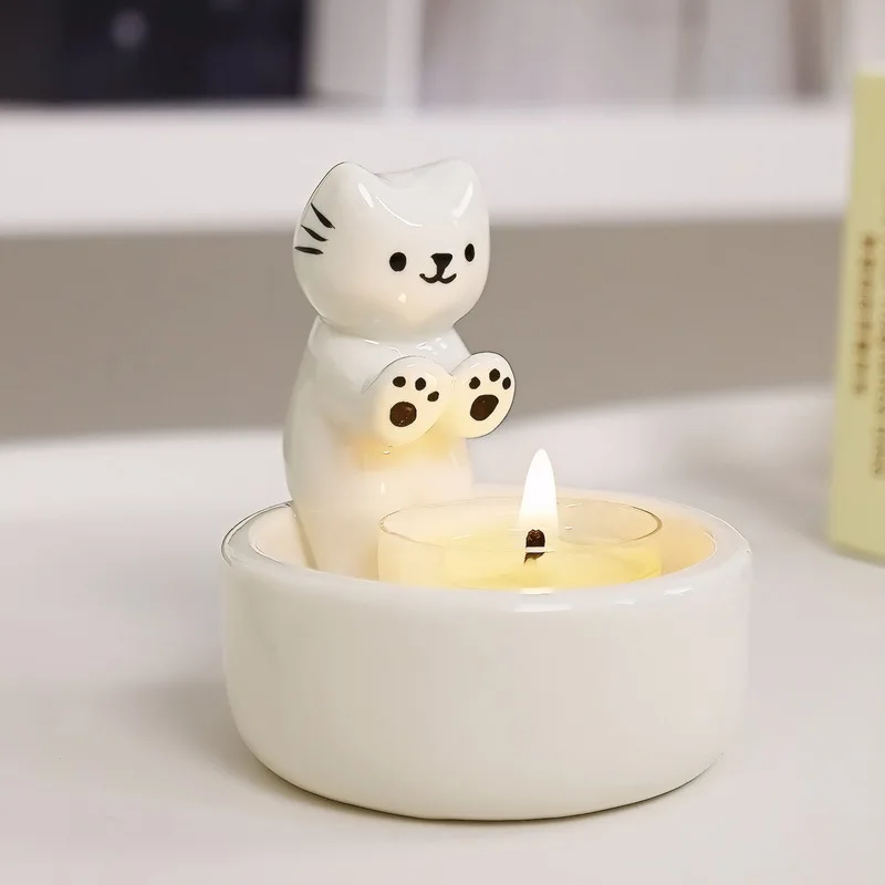 Candle Holders Cartoon Kitten Cat Candle Holder Valentine's Day Cat Heating Decoration