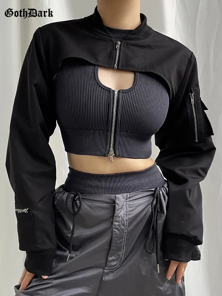 

Goth Dark Grunge Hip Hop Zip Patchwork Women Crop Jackets Gothic Punk Fashion Streetwear Slim Coat Y2k Black Pockets Outwear Top