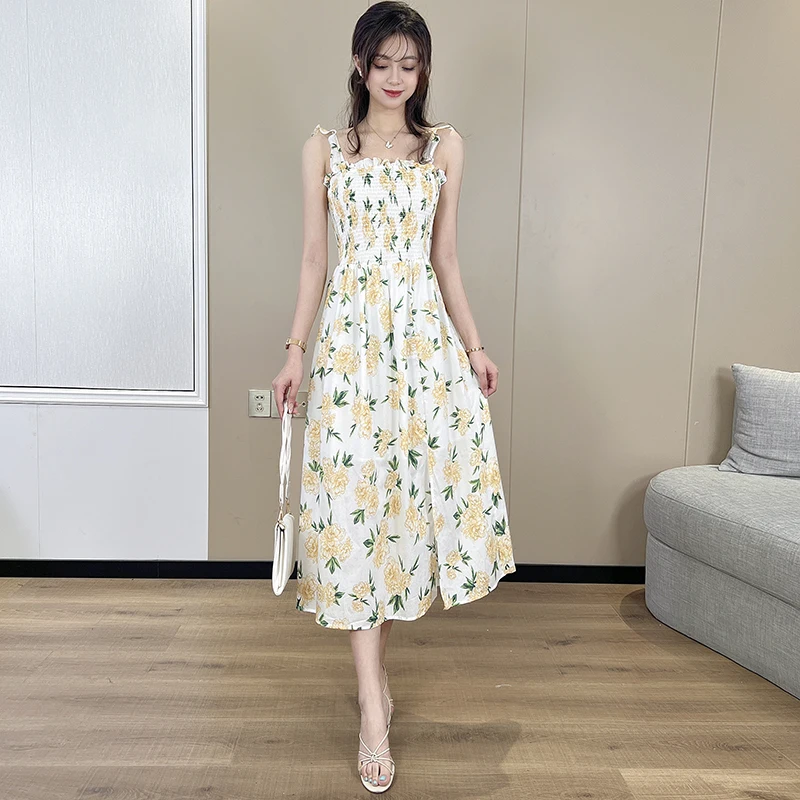 

MIUXIMAO 2022 New Summer Women's Clothing Spaghetti Strap Sleeveless Slim Waist Printing Dress Fashion Elegant Bohemian Style