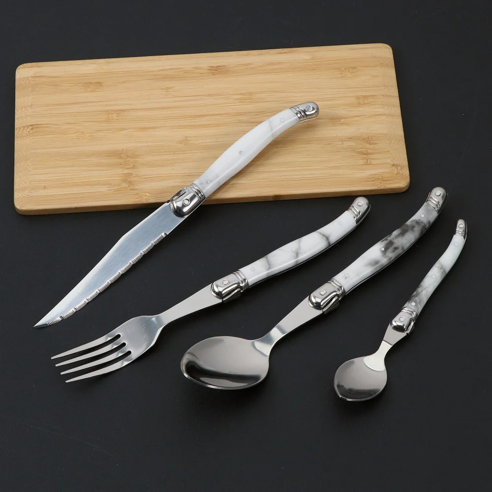 스테인레스 스틸 커트레이 세트, 화이트 마블링 플랫웨어, 모조 대리석 테이블 포크 선물 세트, 스테이크 나이프 주방용 식기류