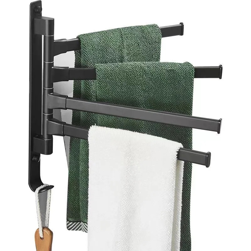 Black Bathroom 2/3/4/5 Arms Swivel Towel Bar Space Saving Swinging Towel Rack Wall Mounted Holder with Hooks