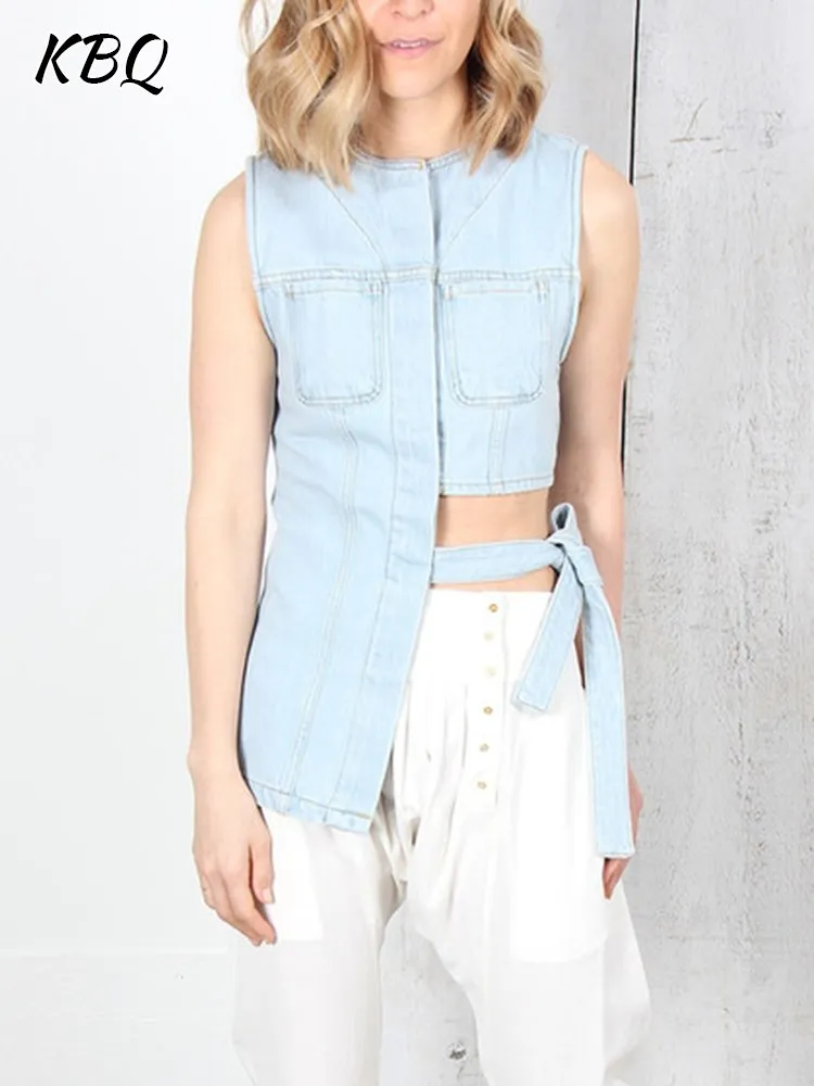 KBQ Irregular Hollow Out Denim Vest For Women Round Neck Sleeveless Slimming Casual Tank Tops Female Summer Fashion Style new