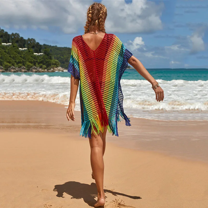 bathing suit dress cover ups Tops For Women Summer Dress Skirts 2022 New Knit Chromatic Stripe Beach Sexy Hollow Out Neck Bikini Smock Color Print Polyester bikini cover