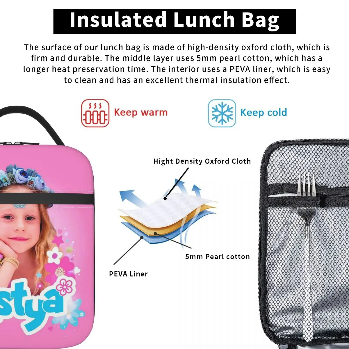 Cute Like Nastya Insulated Lunch Bag Portable Kawaii Cartoon Lunch Container Thermal Bag Tote Box Beach Outdoor Men Women