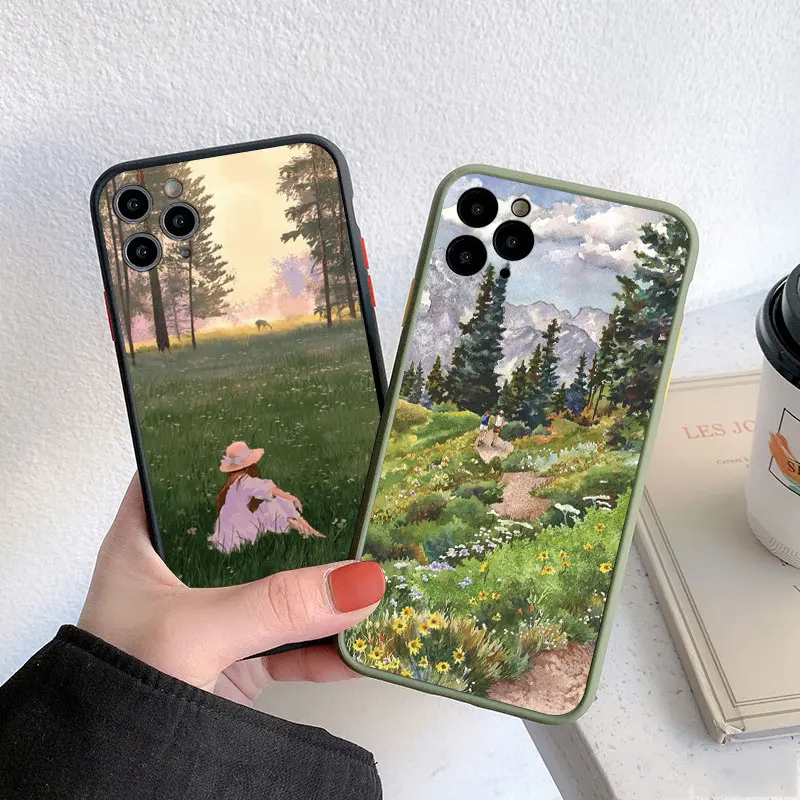 Cartoon Green Lawn Suburban Relax Phone Case Per Iphone Xr Xs X 15 14 11 12 13 Pro Max 7 8 14 Plus Se2 Vintage Cute Cover