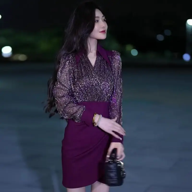 New Temperament Sexy Spicy Girl Dress for Women in Spring Spliced Slim Fit Fake Two-piece Waist Cinching Slimming Bag Dresses