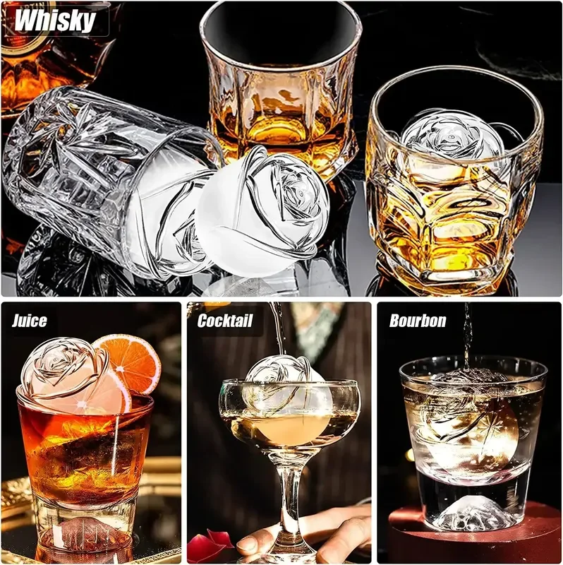 3D Rose Ice Molds 2.5 Inch, Large Ice Cube Trays, Make 4 Giant Cute Flower Shape Ice, Silicone Rubber Fun Big Ball Maker