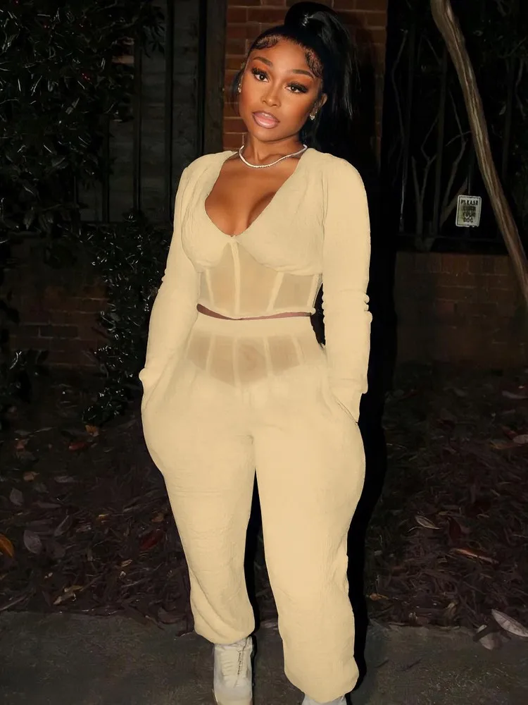 

Autumn Solid Color Two Piece Sets For Women Deep V Neck Crop Top + Pockets Long Pants Matching Sets Streetwear Slim Fit Outfits