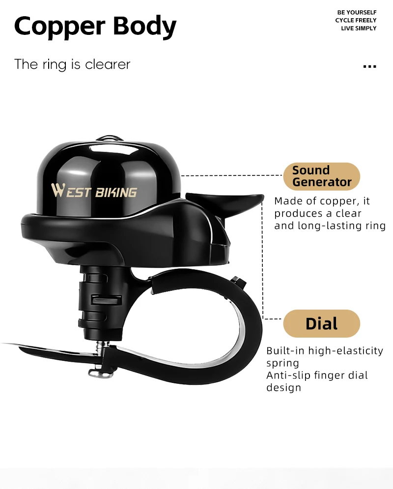 WEST RADFAHREN Mini Kupfer Fahrrad Glocke Fahrrad Daumen Glocke Leichte Retro Horn Für 19-31,8mm Lenker MTB Rennrad zubehör – Detail 4