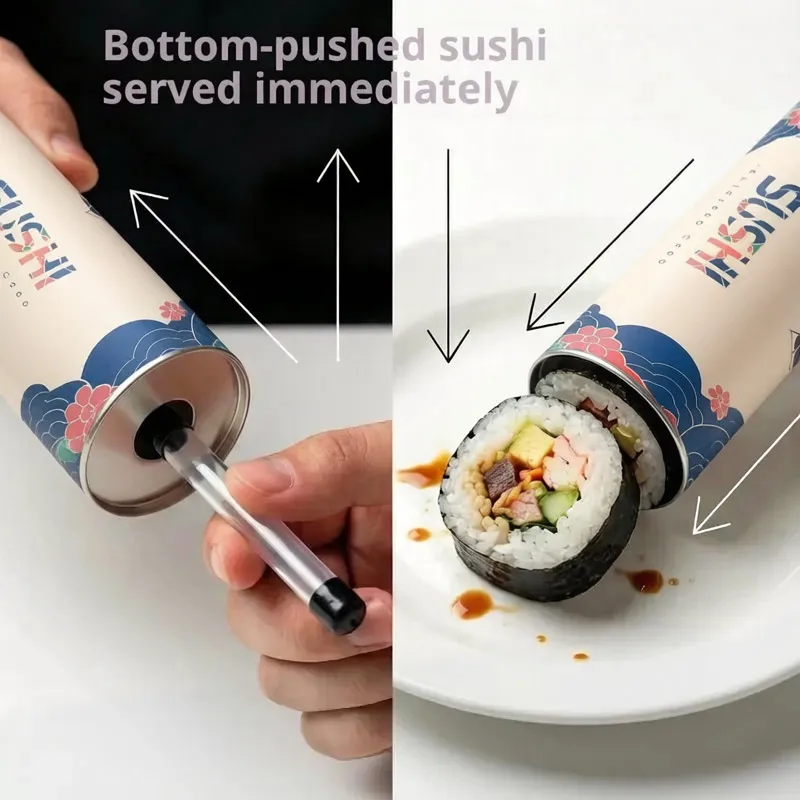 식품 등급 원형 스시 푸시 박스(소스 스트로우 포함) 수제 김밥 만들기용 스시 몰드, 가정용 도시락, 주방 점심 도시락 준비용
