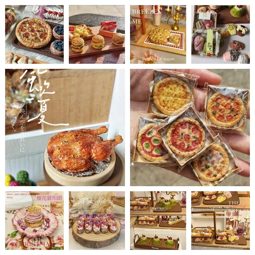 DollHouse Mini Kitchen Baked Chicken Pizza Sandwich Handmade Clay Model 12points Cupcake Puffs Dessert Drink Mini Accessory Ob11 1 5 layers of transparent acrylic display rack suitable small statues transparent clay toys storage box handmade model storage
