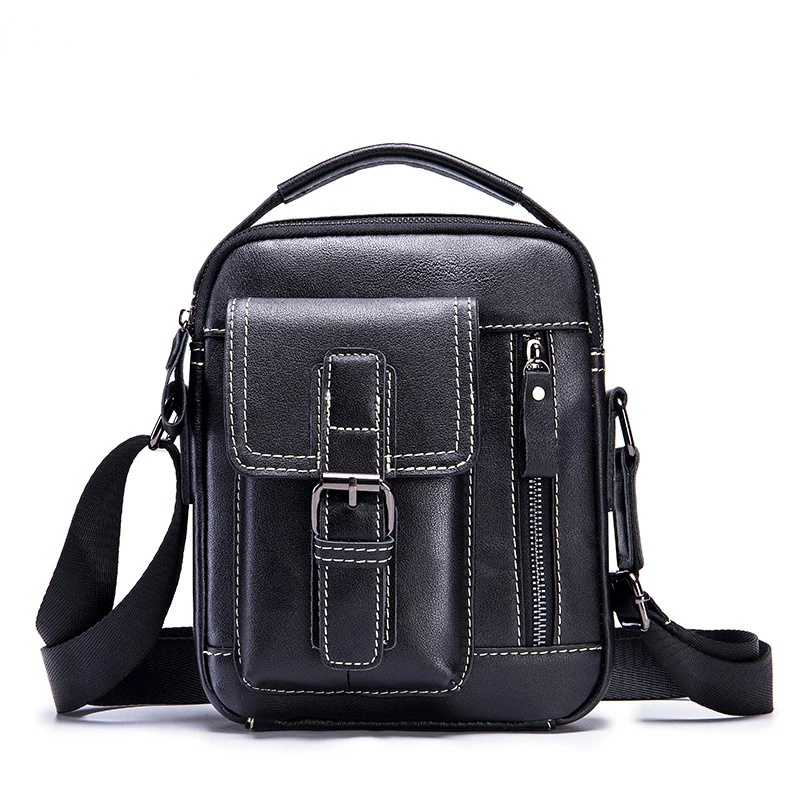 Cowhide Men's Small Bag Leather Single Shoulder Bag Men's Retro Casual Vertical Crossbody Bag MINI Handbag Solid Color Brown