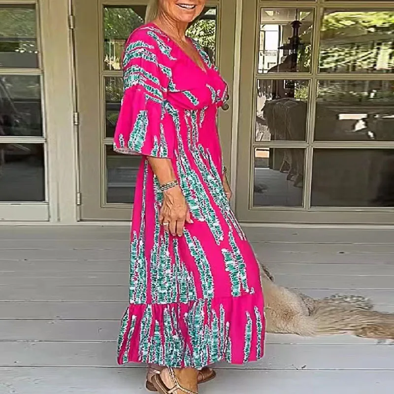 

Women Vintage High Waisted Beach Long Dress Fashion Flared Sleeve Pleated Bohemian Dresses Spring V-neck Patterned Printed Dress