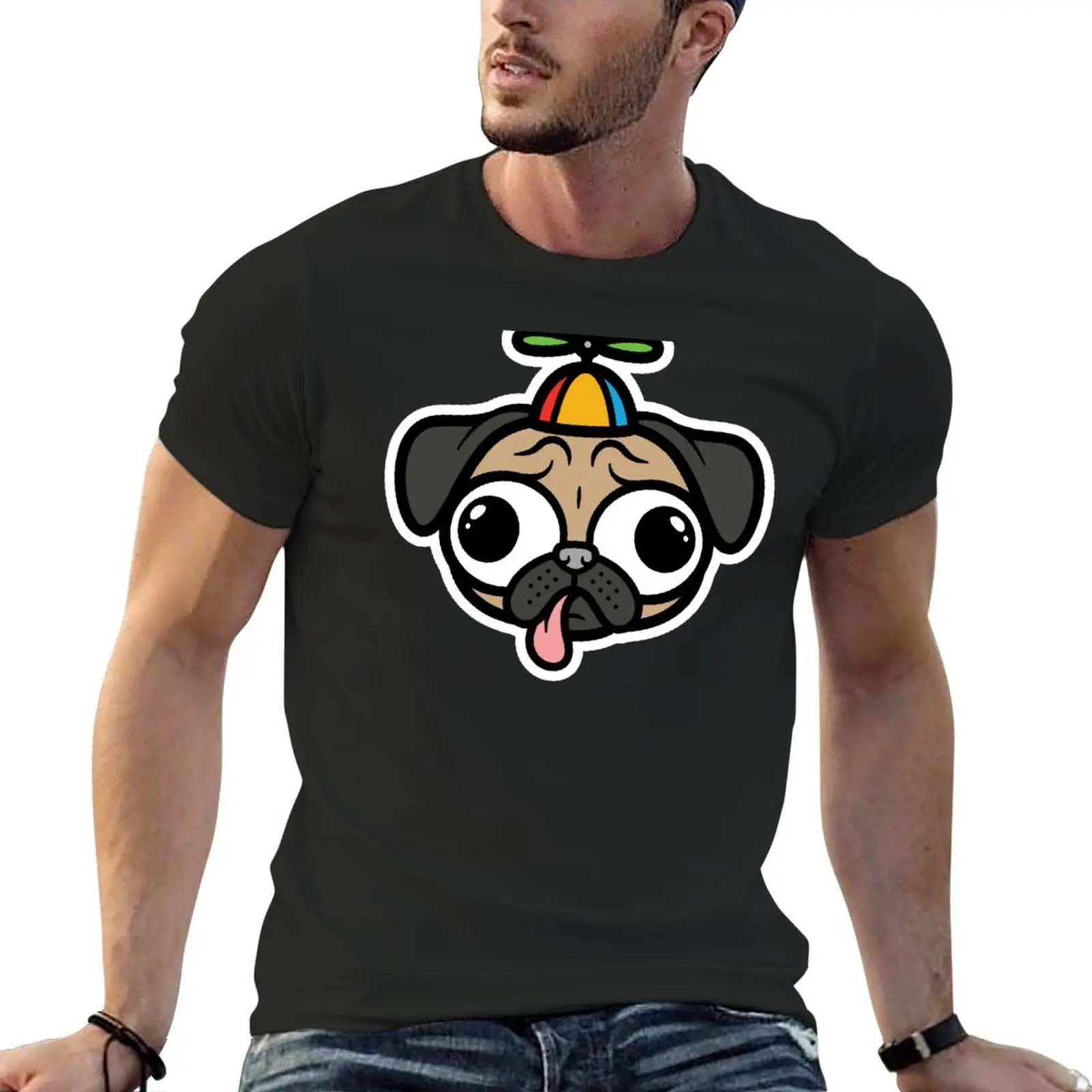 

New Cute Pug wearing a propeller hat T-Shirt anime clothes cute tops Short sleeve tees t shirts men