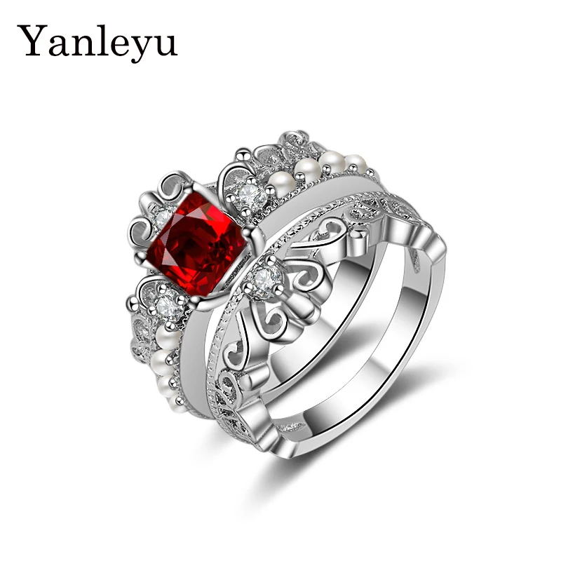 

Yanleyu Original Silver Color Wedding Rings Sets for Women 2pcs Bijoux Red Zircon CZ Pearl Crown Engagement Ring Jewelry PR174