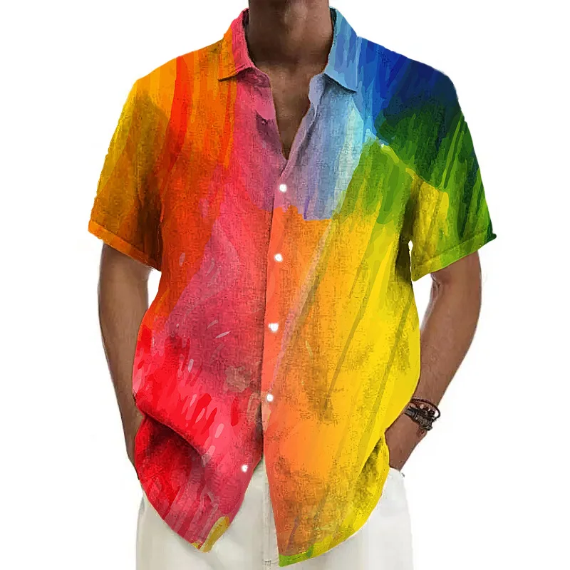 

2024 Men's shirt Rainbow multi-color 3D digital printed short-sleeve shirt Men's beach short-sleeve shirt