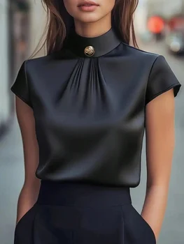 Women Satin Blouse High Neck Short Sleeve Pleated Button Top Tee Slim Fit Workwear Elegant Ladies Shirt Spring Summer Office Top