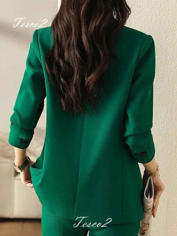 Tesco Office Lady Suit Sets Women's Casual Pantsuit Long Sleeve Blazer+Trousers Green Slim Jacket Outfits 2 Piece
