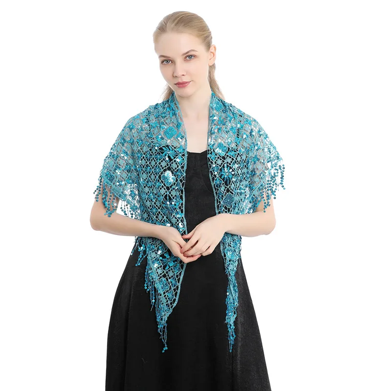 Spring Autumn Style Sequin Tassel Scarf Sequin Cape Dinner Party Capes Women Tassel Cape Cloak Lady Ponchos Blue purple and blue color changing sequin halter push up triangle bikini set in blue size m s