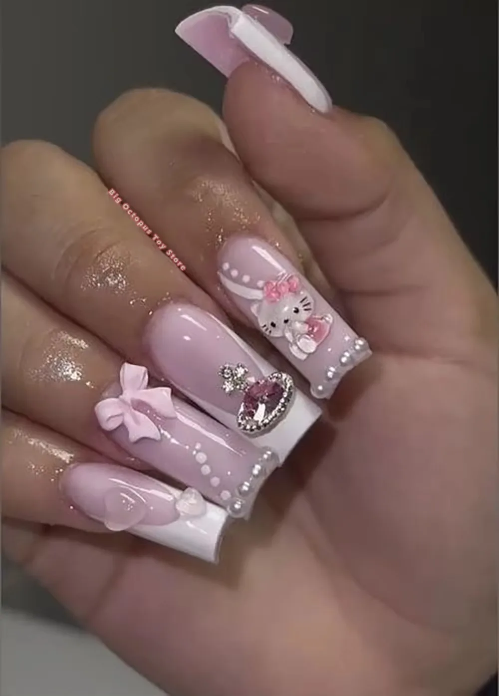 Unghie quadrate corte XL Hello Kitty Unghie finte fatte a mano francesi  Mymelody Maiden Heart Luxury Diamond Press On Nails Adesivi per feste -  AliExpress, image size:1000x1395