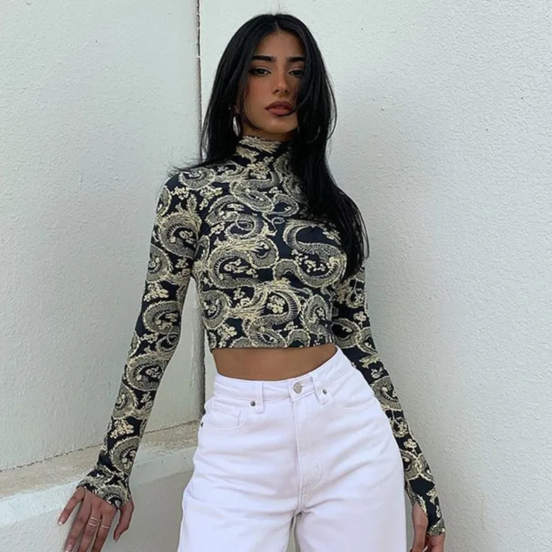 

Women Ins Style Dragon Print High Neck Long Sleeve Tshirt