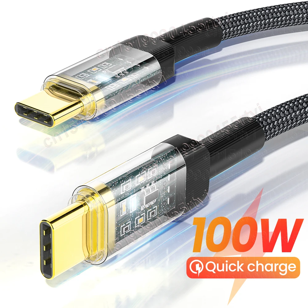 

PD 100W USB C Fast Transparent Data Cable With Dual Head LED Indicator Light Data Cable Suitable For Huawei Samsung Xiaomi
