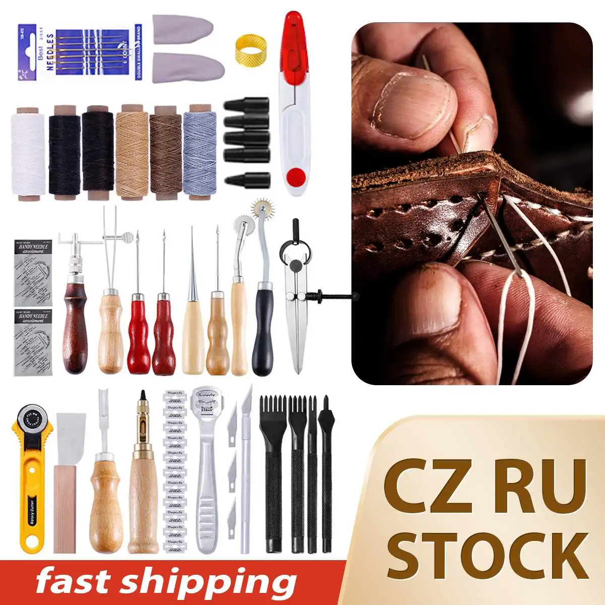 61Pcs Professional Leather Craft Tools Kit Home Hand Sewing Stitching Punch Carving Work Saddle Leathercraft DIY Accessories