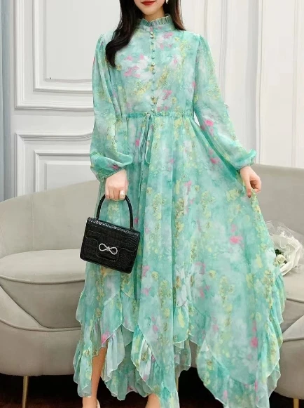Retro Floral Print Bandage Elegant Chiffon Dress A-line