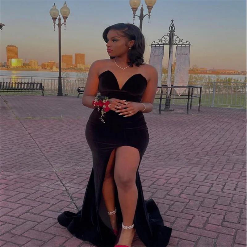

MULONG Sexy Black Evening Dresses Mermaid Valentine's Day Prom Gowns Strapless Side Split Illusion Girls Formal Occasion Dress