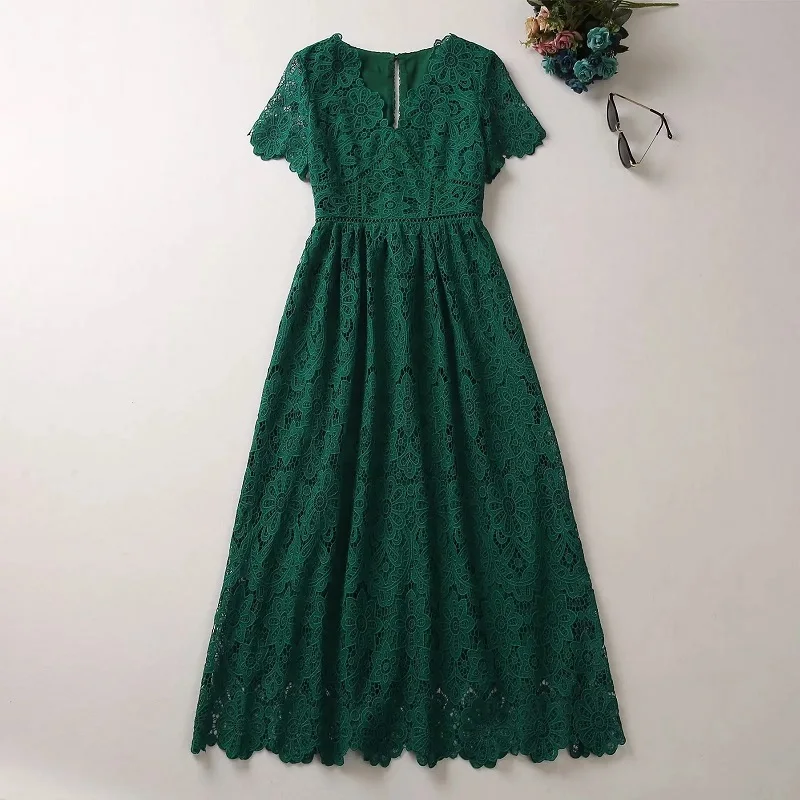 

High Quality Lace Long Dress 2023 Summer Party Event Women V-Neck Allover Crochet Lace Embroidery Short Sleeve Green Maxi Dress