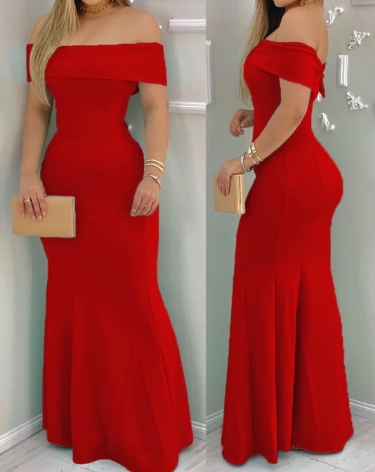 

Celebrity Style Long Skirt for Women 2024 Summer Elegant Sexy Short Sleeve Red One-Shoulder Party Banquet High-Waisted Dress