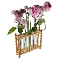 Tabletop Decoration Test Tube Bamboo Wood Propagating Station Rack Hydroponic Plants Flower Bud Planter Glass Vase Terrarium 1