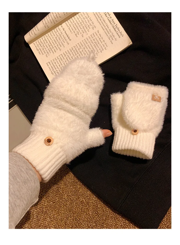 Winter frauen Fuzzy Handschuhe Flip-Top Student Schreiben Fingerlose Fäustlinge Warme Dicke Nette Bär Tippen Büro Plüsch Dame handschuhe – Detail 10