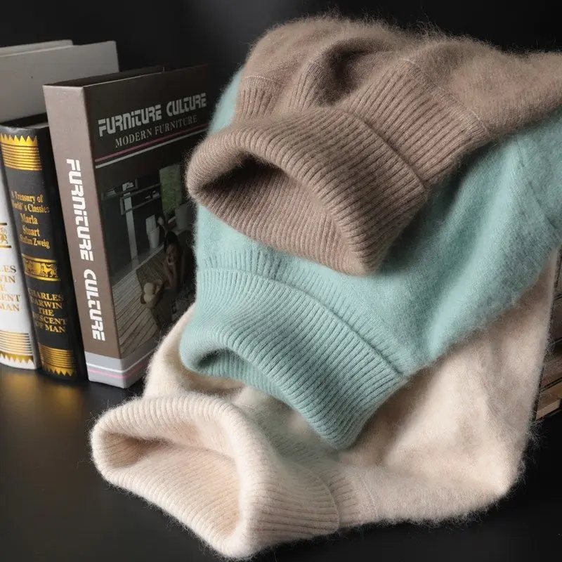 100% Mink Cashmere Sweater Men's Autumn Winter Thick Loose Warm Sweater High Collar Casual Business Pullover Knitted Sweater New