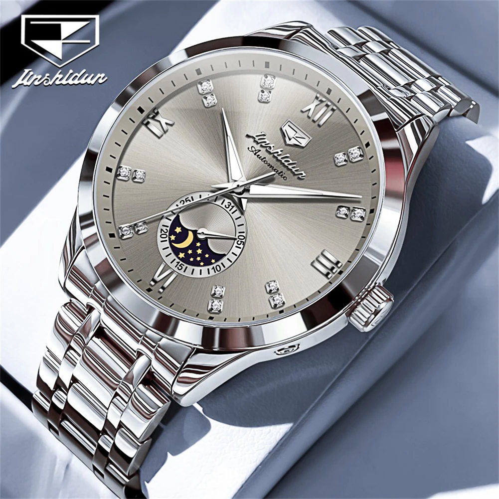 Часы JSDUN Мужские механические, роскошные брендовые Оригинальные Водонепроницаемые светящиеся наручные, с автоматическим подключением к сети, с Лунной фазой, серого цвета