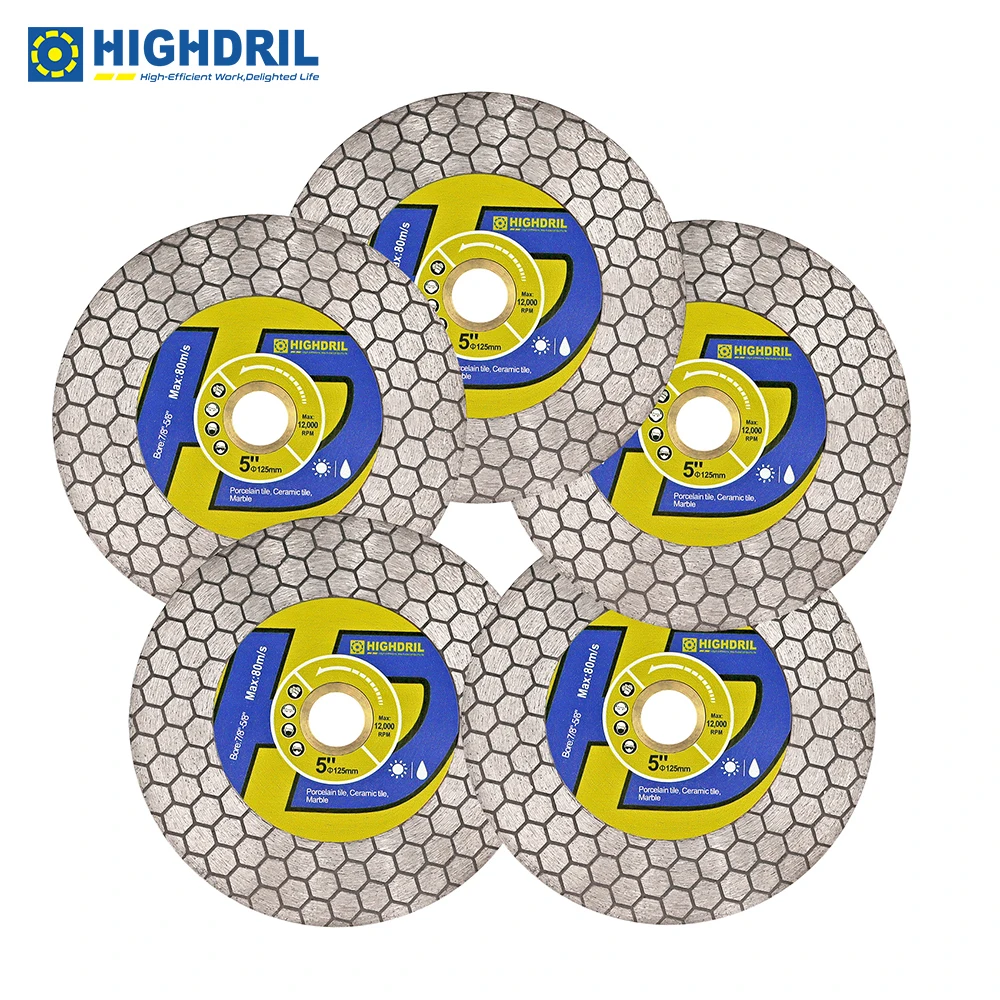 

HIGHDRIL 5pcs Hex Cutting Disc Grinding Porcelain Grit60 Ceramic Tile Porcelain Marble Diamond Saw Blades Dia4.5"/115mm