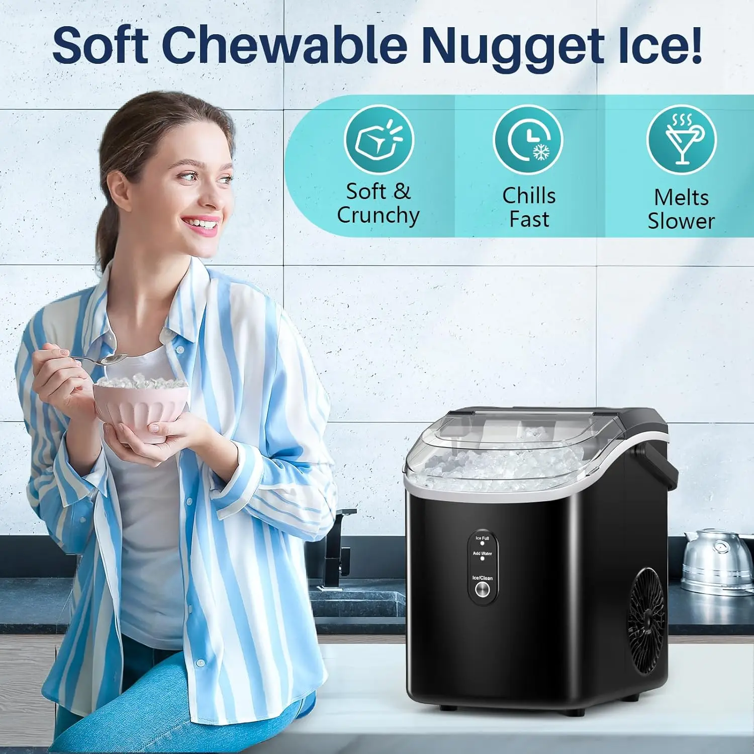 Ice Maker Countertop Self-Cleaning One-Click Operation Portable Nugget Ice Machine for Home Office Kitchen