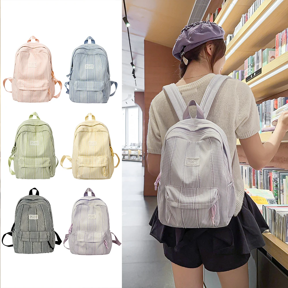 Mixed Stripe Check Backpack, Soft Woven Fabric Daypack, Cute Pastel School Bag for Teen Girls, Campus & Daily Casual Wear 1