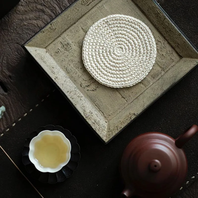 Handcrafted Retro Chinese Style Tea Cup Coaster Absorbent Cotton Thread Heat Resistant Tea Pot Mat Purple Clay Tea Brewing Mat