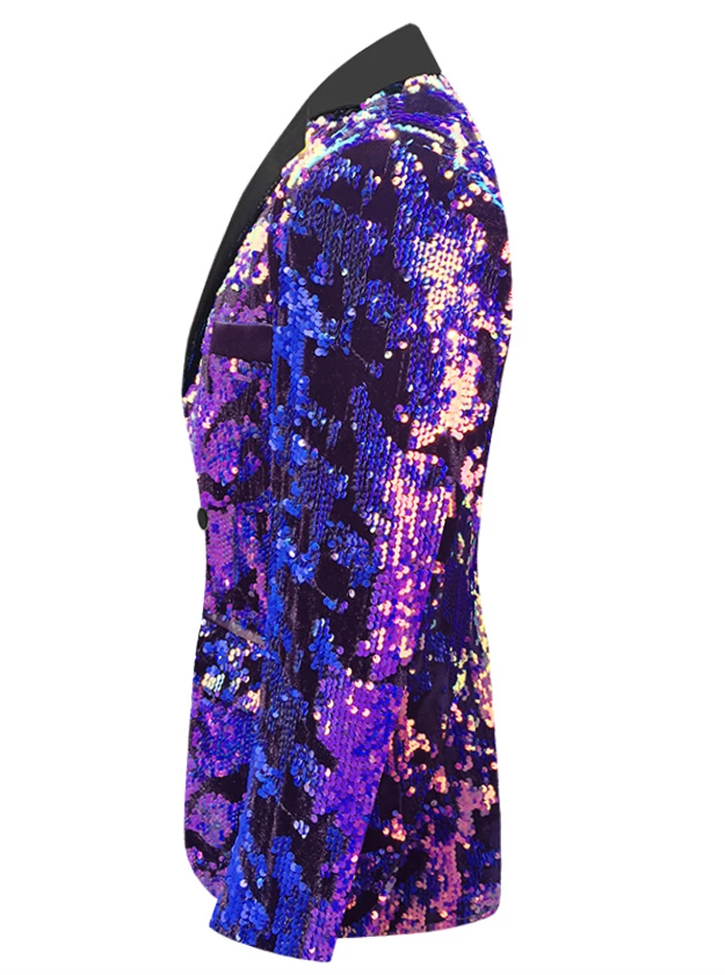 Shiny Purple Sequins Velvet Suit Jacket Men One Button Slim Fit Dress Blazers Mens Wedding Groom Party Stage Prom Blazer Homme 2