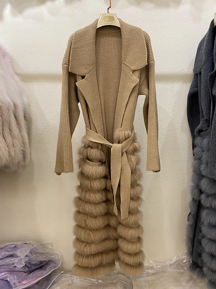 

Женский свитер с поясом из натурального Лисьего меха на весну и осень, длинный плотный женский свитер с украшением из лисьего меха, куртка, пальто