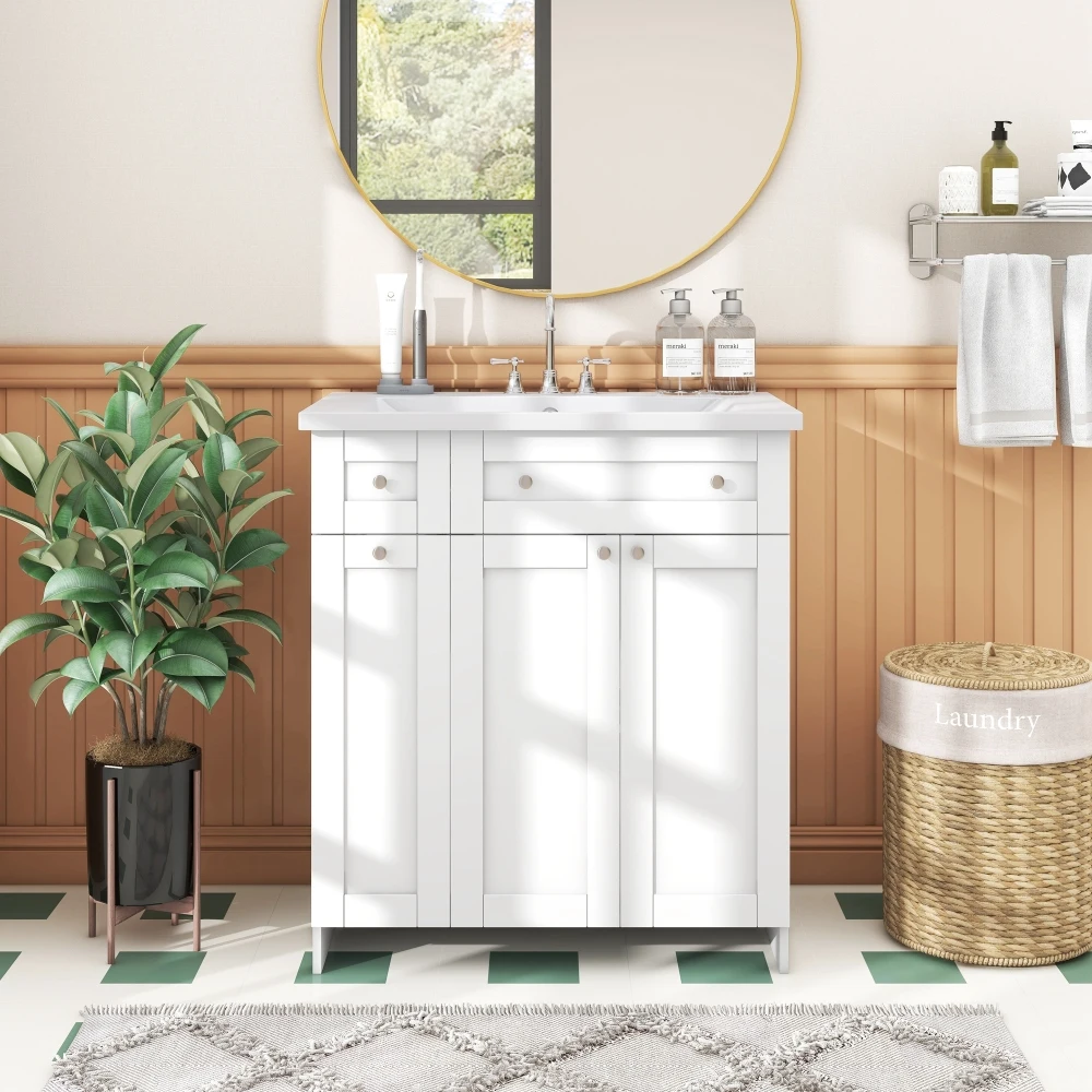Modern 30-Inch Bathroom Vanity Cabinet with Easy-to-Clean Resin Integrated Sink in Blue