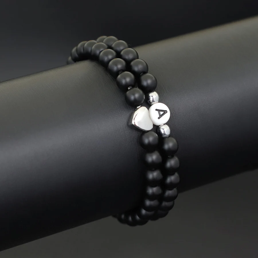 Onyx Stone Beaded Couple Bracelet Heart Valentine Gift