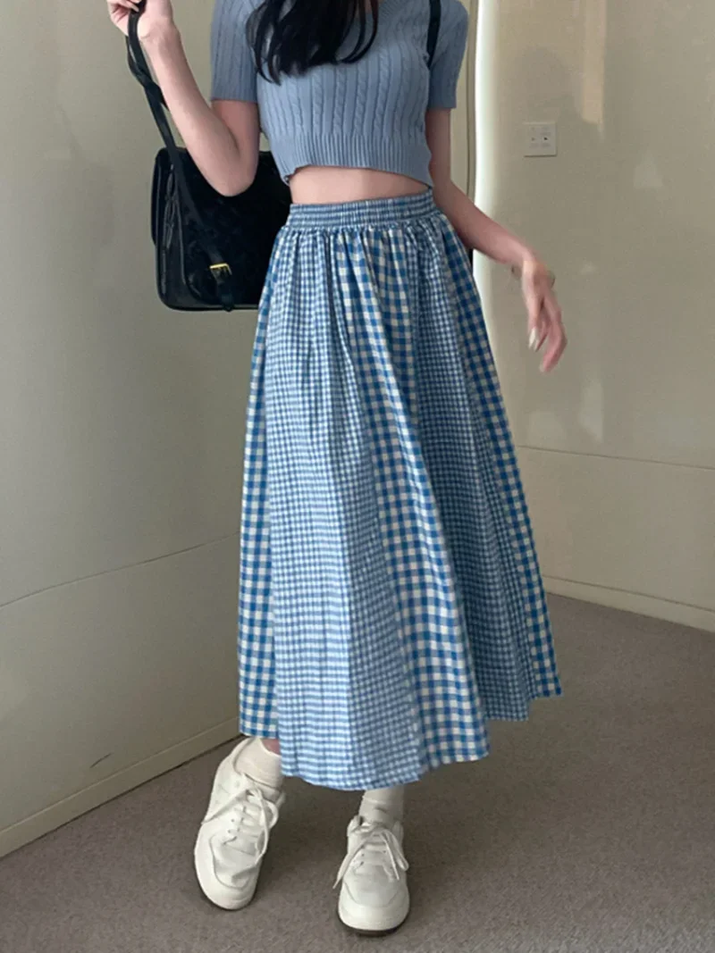 Gaodinglan Vintage Sweet Pink Plaid Print High Waist Women Skirt Summer Korean Versatile A Line Blue Splice Long Skirts Female