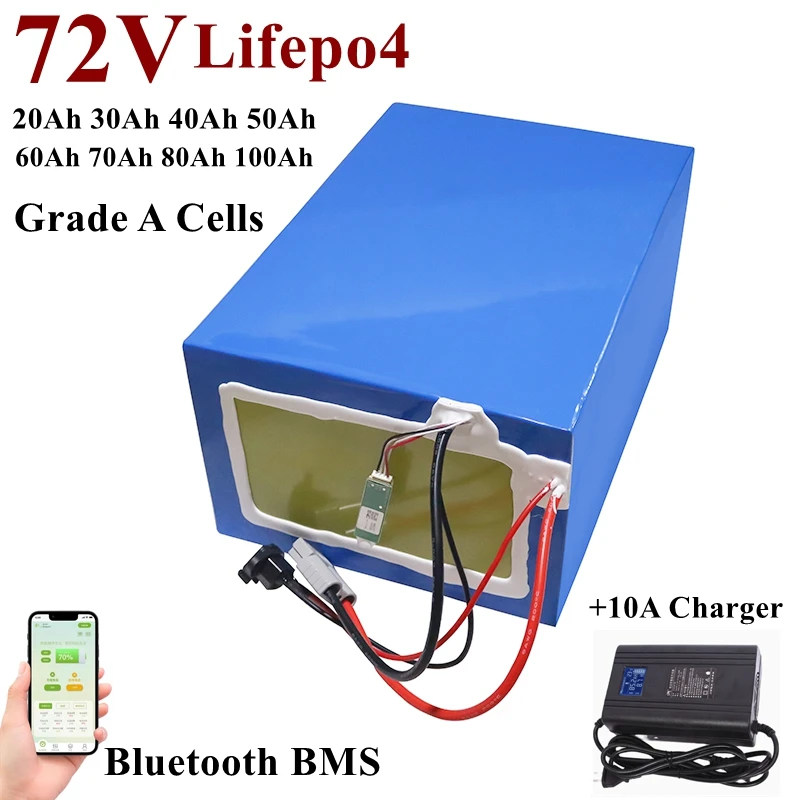 Batteria al Litio LiFePO4 con Caricabatterie, Bluetooth, BMS, 72V, 50Ah, 60Ah, 30Ah, 72V, 40Ah, 100Ah, 80Ah, 5000W, per Scooter, Bicicletta Elettrica