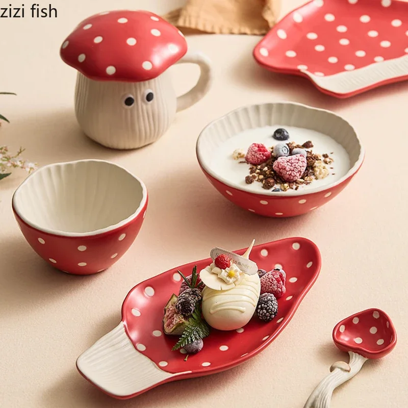Mushroom Ceramic Tableware Mushroom Rice Bowl Noodles Bowl Soup Pot Flat Plate Sushi Plate Mug Spoon Kitchen Tableware