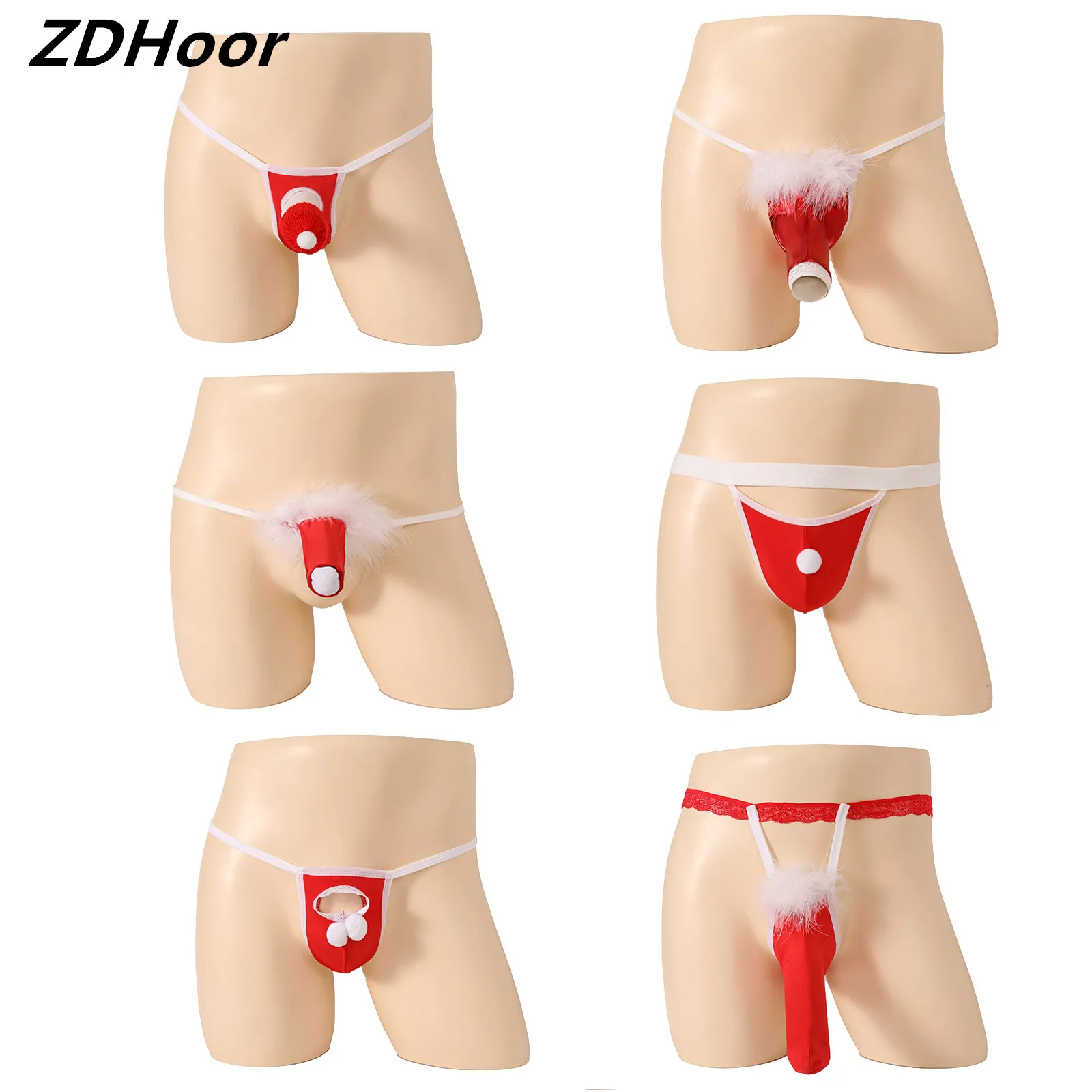 

Mens Christmas Themed Thongs Fancy T-Back Fluffy Feather Red And White Contrast Soft Sheath Underwear Funny Xmas Gift